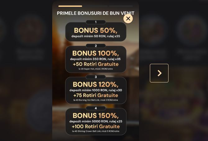 Revendică primele patru bonusuri de bun venit cu până la 150% și 100 rotiri gratuite